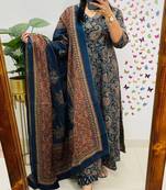 Blue Women Pure Cotton Printed Kurta With Pant And Dupatta