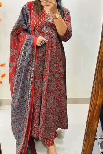  women pure cotton printed red kurta with pant and dupatta