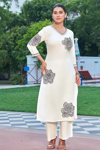 Floral Embroidered V-Neck Thread Work Straight Kurta With Palazzo