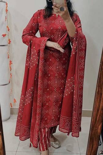  women pure cotton printed red kurta with pant and dupatta