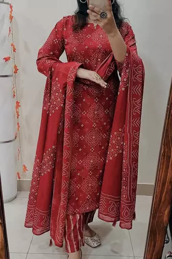  women pure cotton printed red kurta with pant and dupatta
