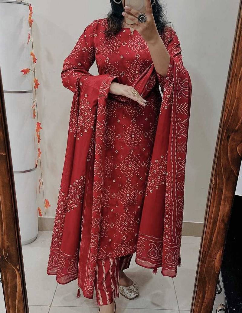  women pure cotton printed red kurta with pant and dupatta