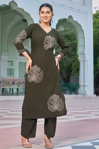 Floral Embroidered V-Neck Thread Work Straight Kurta With Palazzo