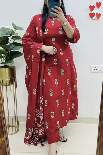  women pure cotton printed red kurta with pant and dupatta