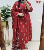 Red Women Pure Cotton Printed Kurta With Pant And Dupatta