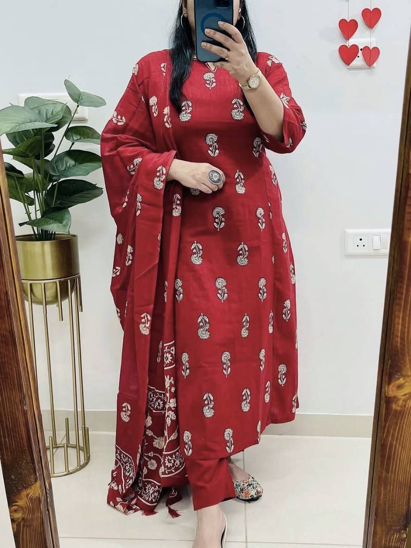  women pure cotton printed red kurta with pant and dupatta