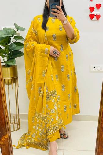  women pure cotton printed yellow kurta with pant and dupatta