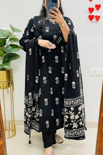  women pure cotton printed black kurta with pant and dupatta