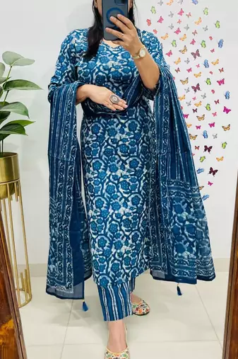  women pure cotton printed blue kurta with pant and dupatta