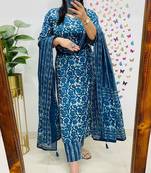 Blue Women Pure Cotton Printed Kurta With Pant And Dupatta