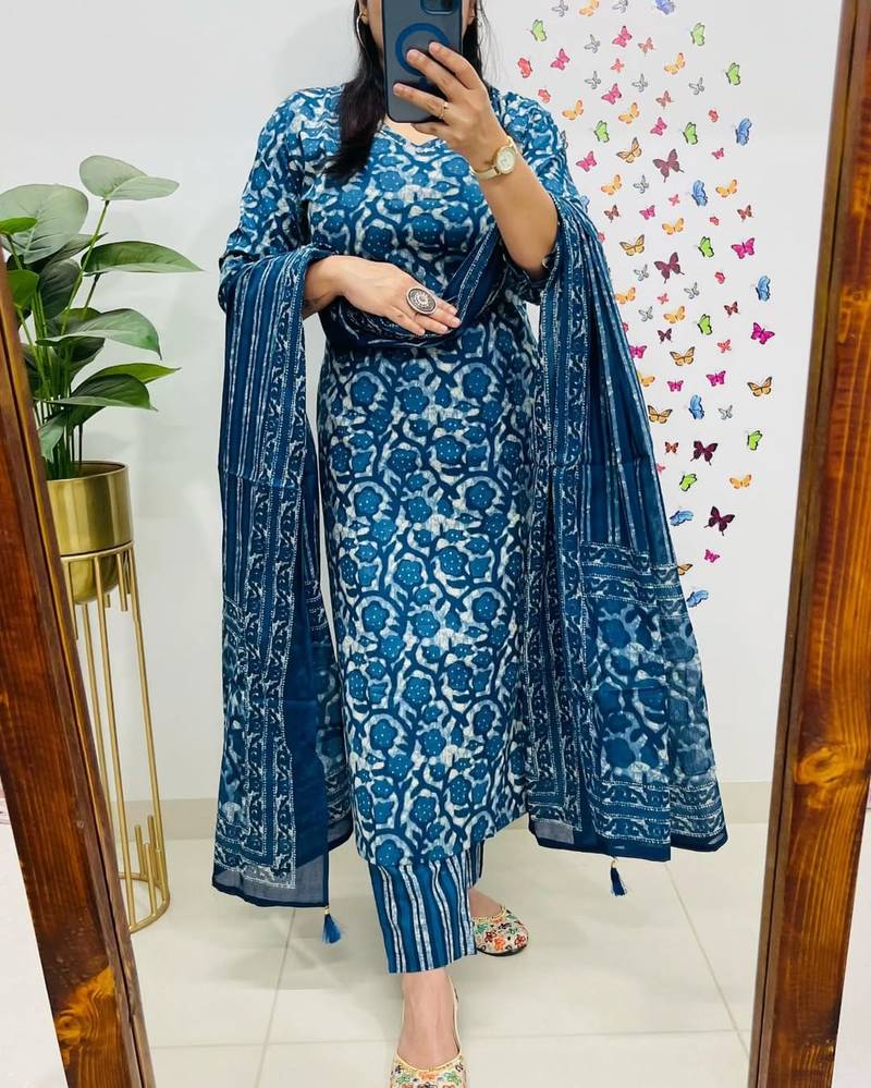  women pure cotton printed blue kurta with pant and dupatta