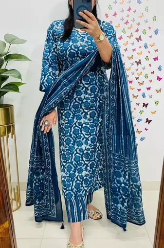 Blue Women  Cotton Printed Kurta With Pant And Dupatta