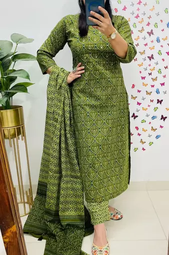  women pure cotton printed green kurta with pant and dupatta