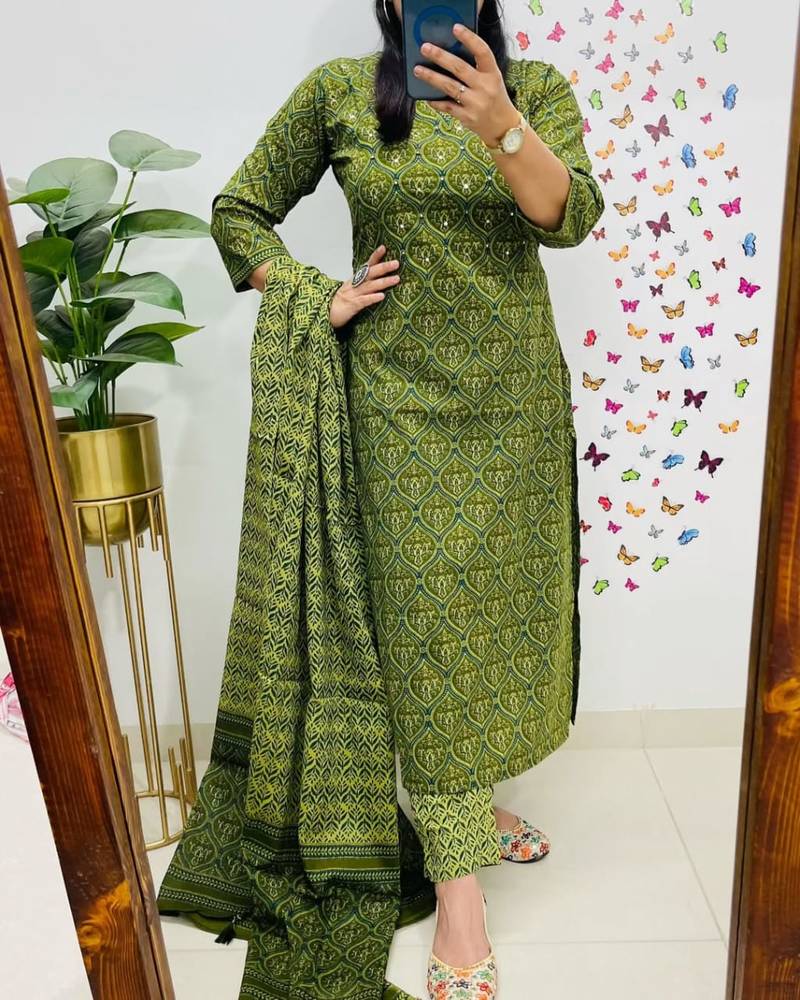  women pure cotton printed green kurta with pant and dupatta