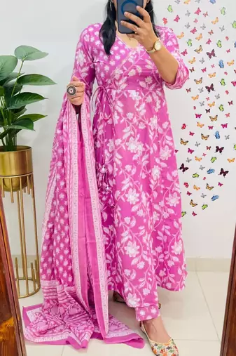  women pure cotton printed pink kurta with pant and dupatta