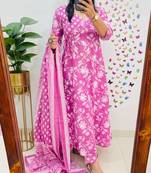 Pink Women Pure Cotton Printed Kurta With Pant And Dupatta