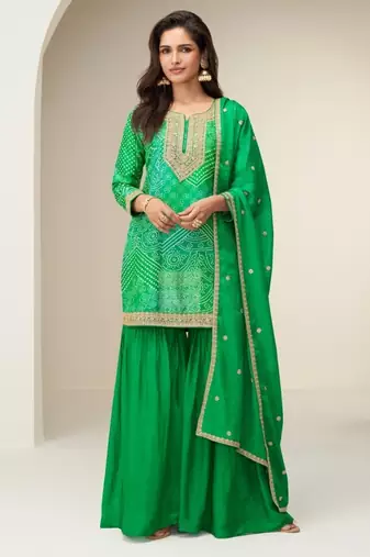 Green chinon semi stitched suit with digital print & embroidery codding sequence work