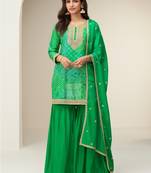 Green chinon semi stitched suit with digital print & embroidery codding sequence work