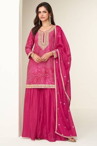 Magenta chinon semi stitched suit with digital print & embroidery codding sequence work