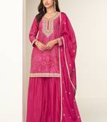Magenta chinon semi stitched suit with digital print & embroidery codding sequence work