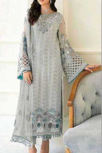 Sky blue fox georgette semi stitched suit with embroidery sequence work & khatli work
