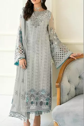 Sky blue fox georgette semi stitched suit with embroidery sequence work & khatli work