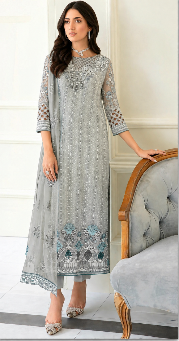 Sky Blue Fox Georgette Suit Embroidery Sequin Khatli
