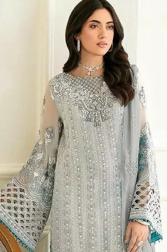 Sky blue fox georgette suit with embroidery sequin & khatli 