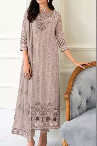 Baige Fox Georgette Semi Stitched Suit With Embroidery Sequin Work & Khatli Work