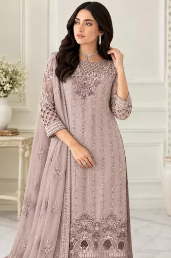 Baige Fox Georgette Semi Stitched Suit With Embroidery Sequin Work & Khatli Work