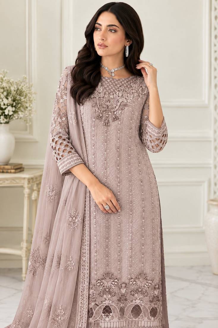 Baige Fox Georgette Semi Stitched Suit With Embroidery Sequin Work & Khatli Work