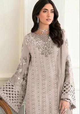 Baige fox georgette suit with embroidery sequin & khatli  2