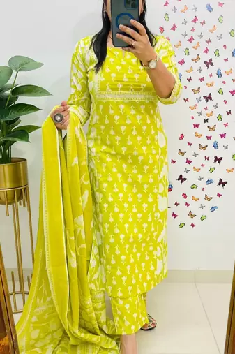  women pure cotton printed yellow kurta with pant and dupatta