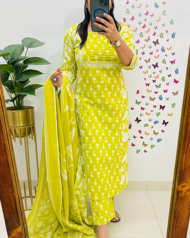  women pure cotton printed yellow kurta with pant and dupatta