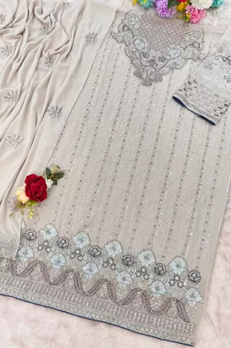 Baige fox georgette suit with embroidery sequin & khatli 
