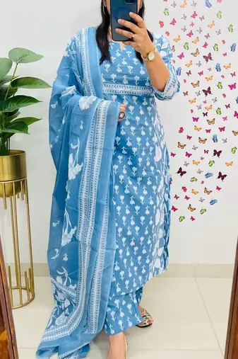 women pure cotton printed blue kurta with pant and dupatta