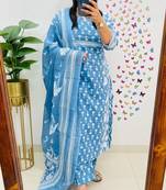 Blue Women Pure Cotton Printed Kurta With Pant And Dupatta