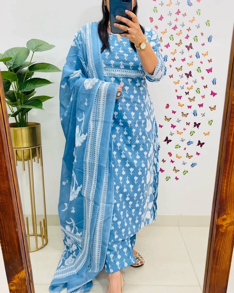  women pure cotton printed blue kurta with pant and dupatta