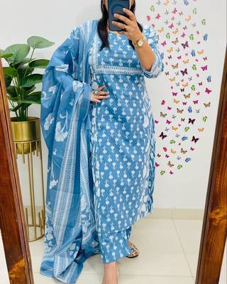 Blue Women  Cotton Printed Kurta With Pant And Dupatta 2