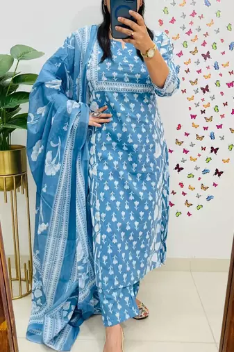 Blue Women  Cotton Printed Kurta With Pant And Dupatta