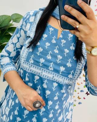 Blue Women  Cotton Printed Kurta With Pant And Dupatta 3