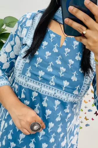 Blue Women  Cotton Printed Kurta With Pant And Dupatta