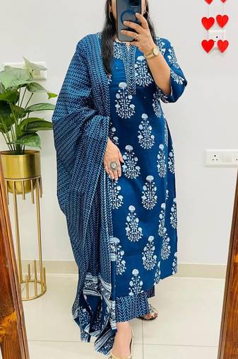  women pure cotton printed blue kurta with pant and dupatta