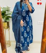 Blue Women Pure Cotton Printed Kurta With Pant And Dupatta