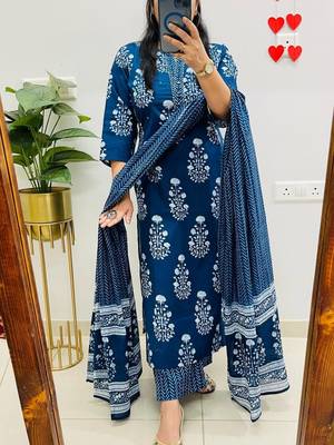 Blue Women  Cotton Printed Kurta With Pant And Dupatta 2