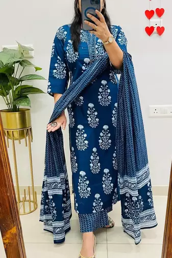 Blue Women  Cotton Printed Kurta With Pant And Dupatta