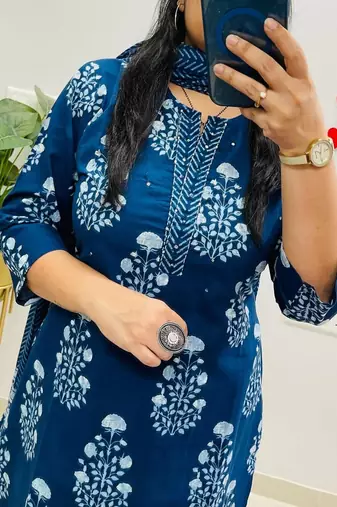 Blue Women  Cotton Printed Kurta With Pant And Dupatta