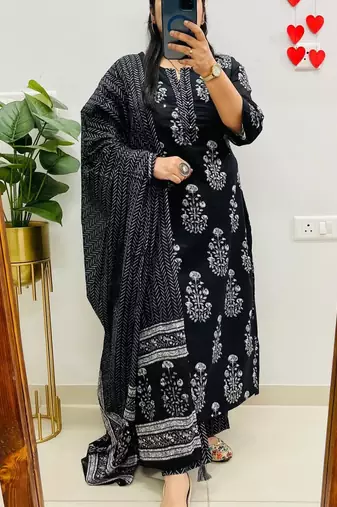  women pure cotton printed black kurta with pant and dupatta