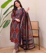 Red Women Pure Cotton Printed Kurta With Pant And Dupatta