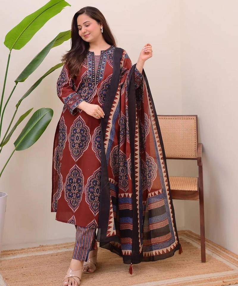  women pure cotton printed red kurta with pant and dupatta